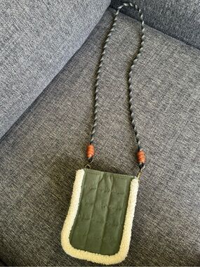 Quilted Olive Crossbody Pouch with Cream Sherpa Trim